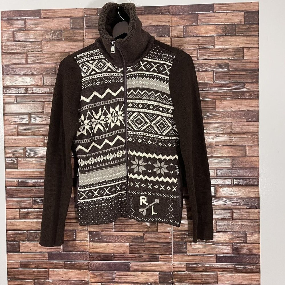 LAUREN Ralph Lauren Active Brown Lambswool Blend Zip Sweater M Nordic Fair Isle